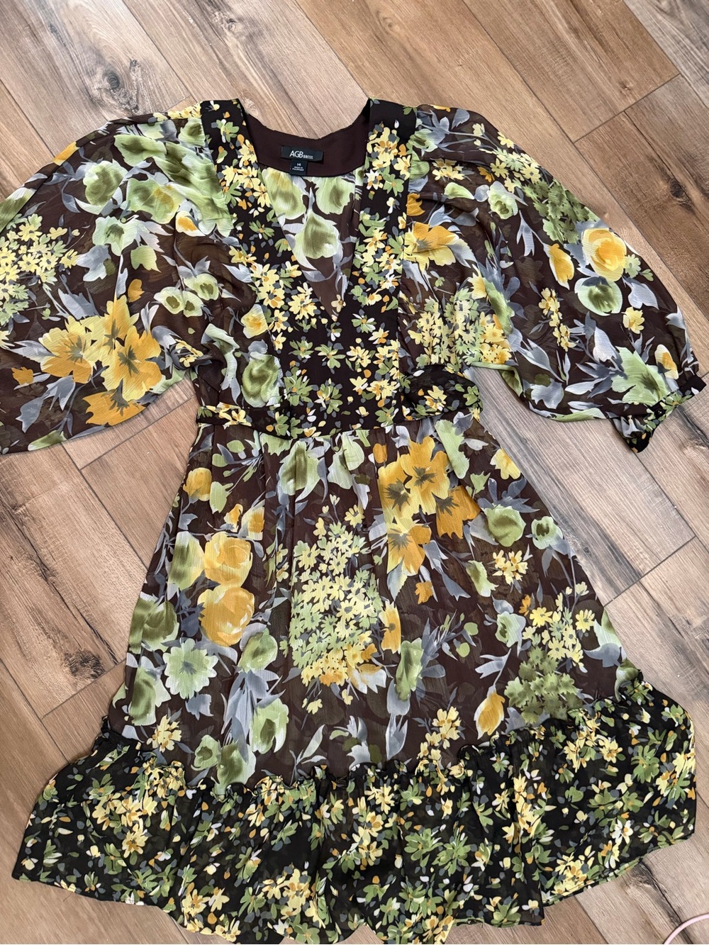 AGB Brown Floral Midi Dress with Yellow and Green Blooms